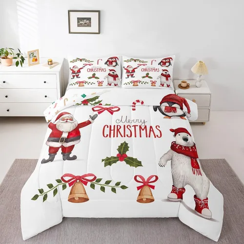 Miniatura 22 de Erosebridal Juego de edredón de Feliz Navidad, tamaño individual, divertido edredón de Papá Noel para niños y niñas, edredón de plumón de pingüino