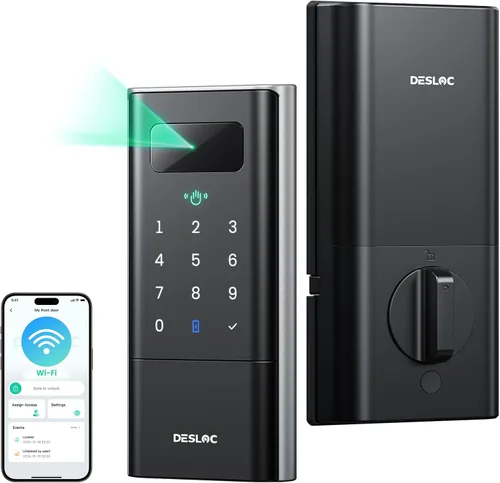 DESLOC Smart Lock K140 Plus con reconocimiento de vena de palma, cerradura de puerta de entrada sin llave con cerrojo de teclado, control de