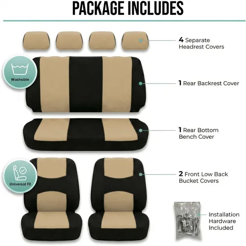 Miniatura 6 de FH Group Juego completo de fundas de asiento de automóvil de tela plana, color beige combo, diseño de fundas de asiento de automóvil pequeño