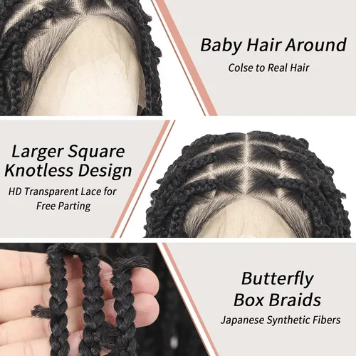 Miniatura 2 de Lexqui Pelucas trenzadas de encaje completo HD de 360° para mujer, pelucas trenzadas sin nudos, peluca trenzada de caja de mariposa con cabello