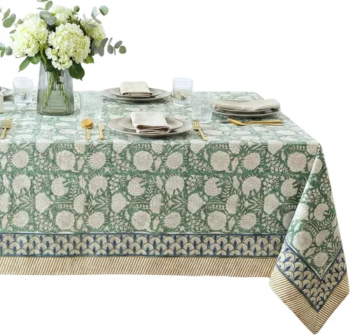 Miniatura 34 de ATOSII Mantel Redondo Bohemio Jade de Algodón 100%, Mantel de Lino con Estampado Floral de Bloques para Comedor, Fiestas, Bodas, Exteriores I