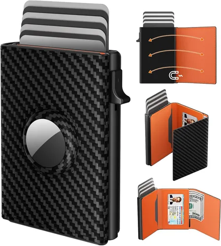 Billetera AirTag para hombre, soporte minimalista para tarjetas de crédito para Apple AirTag, bloqueo RFID, funda de tarjeta desplegable, fibra de