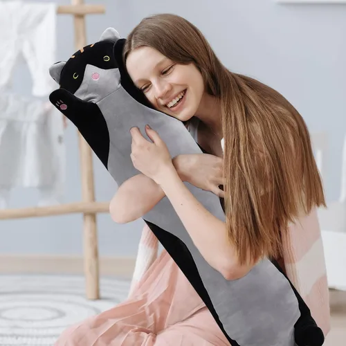 Miniatura 5 de shangman Bonita muñeca de gato de peluche, bonita almohada de peluche suave de caricaturas, almohada larga para dormir, regalo del día de San Negro