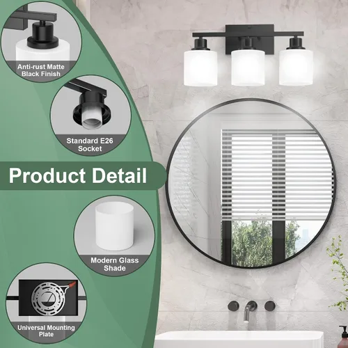 Miniatura 2 de Luces de baño negras sobre espejo, lámpara de tocador antioxidante para baño, lámpara de pared moderna de 3 luces para sala de estar, base E26