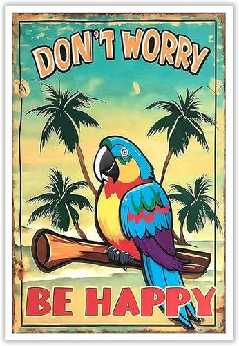 Miniatura 25 de Póster de decoración de bar Tiki con texto en inglés "Don't Worry, Be Happy Parroth", póster hawaiano para decoración del hogar, adecuado para Multi