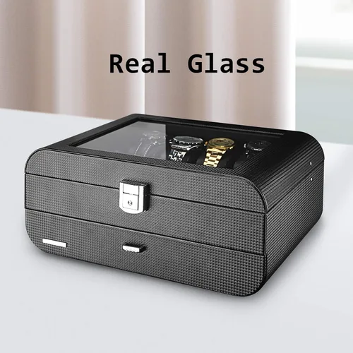 Miniatura 5 de Homde Caja de reloj con diseño de arco de fibra de carbono, organizador de joyas de lujo con cajón, parte superior de cristal y cerradura
