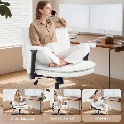 Miniatura 5 de Silla Criss Cross con brazos abatibles y ruedas con bloqueo, silla de escritorio de oficina de cuero con patas cruzadas, silla de computadora Blanco