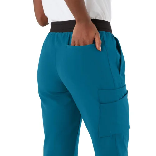Miniatura 4 de ave. Varick - Pantalón médico de tiro medio para mujer, pierna recta, seis bolsillos, color azul caribeño, talla S