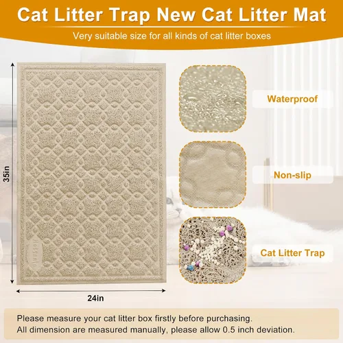 Miniatura 2 de Tapete para caja de arena para gatos, 35 x 24 pulgadas, tapete grande para atrapar arena para gatitos, mantiene el suelo limpio, tapete de caja