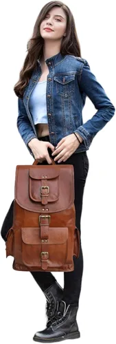 Miniatura 9 de Jaald Mochila de cuero para computadora portátil de 18 pulgadas, mochila vintage, mochila universitaria, bolsa de picnic escolar, cuero de grano