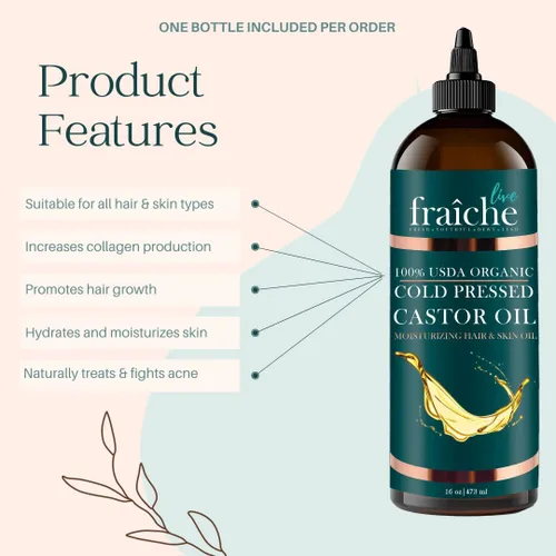 Miniatura 2 de Aceite de Ricino Orgánico (16oz) - Botella de Aceite de Ricino Orgánico Puro, Hexano Libre, Prensado en Frío, Sin Refinar - Aceite Natural