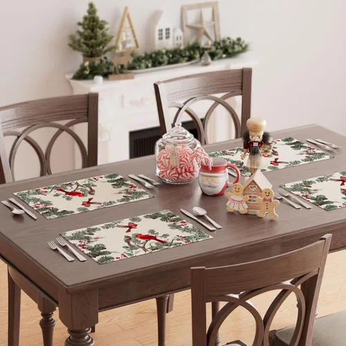Miniatura 4 de Juego de 6 manteles individuales XCHI con pájaros cardenales, árbol de pino de invierno, Navidad, decoración de mesa para fiesta, hogar, cocina