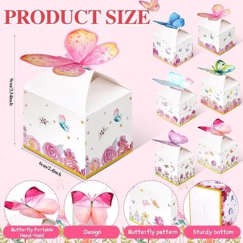 Miniatura 2 de Ctosree 24 cajas de regalo de fiesta de mariposa, bolsas de dulces florales, caja de papel de regalo de mariposa rosa para niña, decoración azul