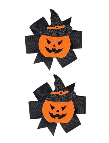 Miniatura 4 de Pinzas para el pelo con lazo para la cabeza de calabaza con alas de murciélago de Halloween (A- Negro naranja)