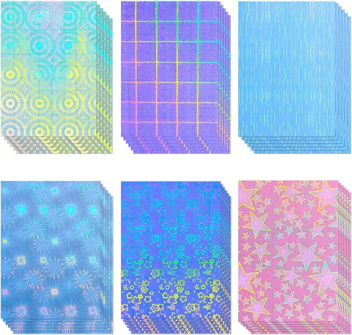 Clabby 36 hojas de papel holográfico para pegatinas A4, láminas laminadas holográficas de vinilo, autoadhesivas, impermeables, transparentes, 11.7 x