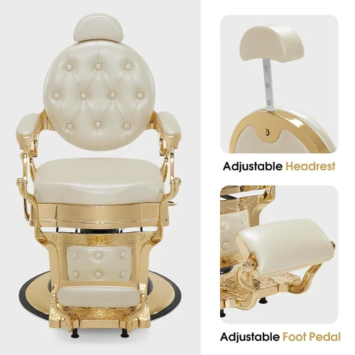 Miniatura 4 de BarberPub Silla de peluquero resistente para hombres con reposacabezas, sillas reclinables hidráulicas de metal antiguo multiusos, equipo de Blanco