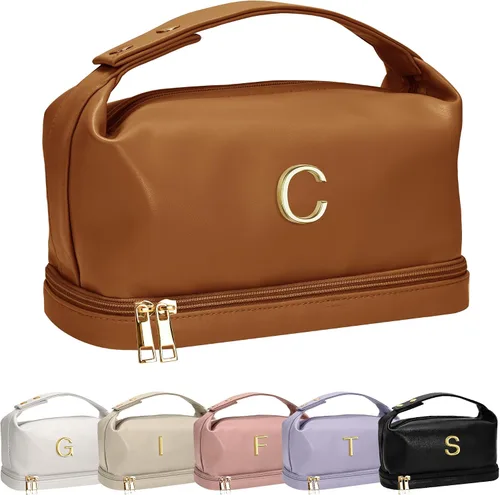 Miniatura 126 de Bolsa de maquillaje con asa, bolsa de cosméticos impermeable de doble capa, bolsas de maquillaje de cuero PU de gran capacidad con letra, bolsa