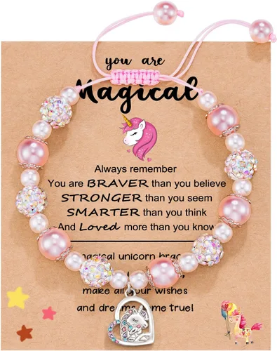 HGDEER Regalos de graduación preescolar de jardín de infantes para niñas pequeñas Pulsera de unicornio para hijanietasobrina Pulsera de perlas
