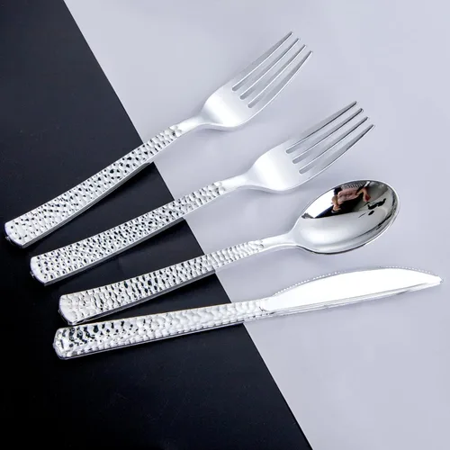 Miniatura 3 de Nervure 300 cubiertos de plástico plateado – cubiertos de plata desechables – Los utensilios de plástico martillado incluyen 100 tenedores, 100