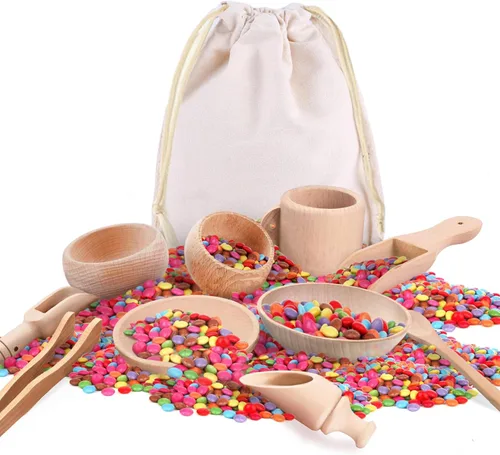 Yowlieu 10 piezas de herramientas de contenedor sensorial de madera para niños pequeños y niños en edad preescolar, juguetes sensoriales de madera