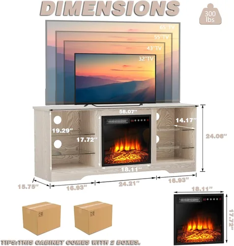 Miniatura 7 de LEMBERI Soporte de TV con Chimenea de 58 Pulgadas para TVs de hasta 65 Pulgadas, Consola con Chimenea Eléctrica de 18'' y Control Remoto, Centro