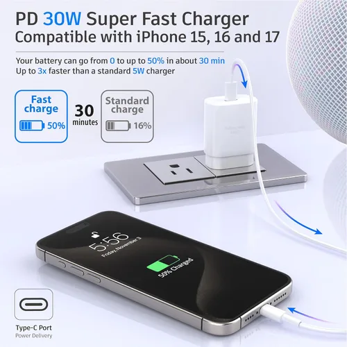 Miniatura 4 de Bloque USB C 30W PD Bloque de Carga Súper Rápida Tipo C Enchufe Cubo Adaptador de Pared Ladrillo de Alimentación Cargador USB C para iPhone 17, 17