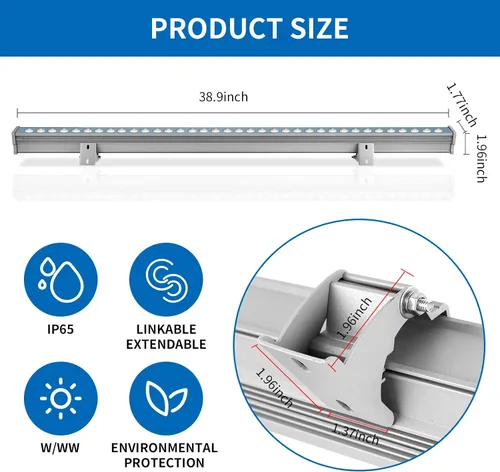 Miniatura 2 de Wrasse Barra de Luces Lavapared para Exteriores, 3000K Iluminación de Letreros Lavado de Pared Exterior 36W Luz Lineal de Paisaje Exterior 38.9