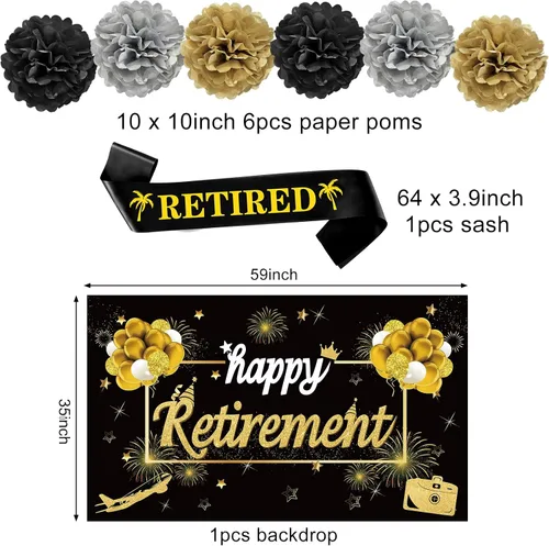 Miniatura 3 de Kit de decoración de fiesta de jubilación de 20 piezas para hombres y mujeres, Kuxriox negro y dorado, telón de fondo de jubilación, centro de mesa