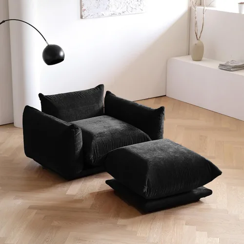 Miniatura 2 de JACH Otomana Cómoda de Estilo Moderno de Mediados de Siglo, Reposapiés de Sofá de Chenilla con Cojín Grueso, Muebles Taburete de 26" para Espacios