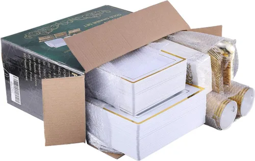 Miniatura 6 de FOCUSLINE Juego de vajilla desechable de 350 unidades para 50 invitados, platos cuadrados de plástico resistentes con borde dorado, incluye 50 Juego