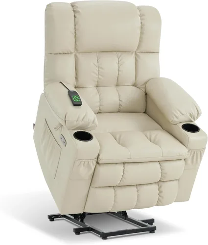 Miniatura 29 de MCombo Silla reclinable eléctrica de motor dual para adultos mayores, silla de elevación plana con calor y masaje, portavasos, puertos USB, piel