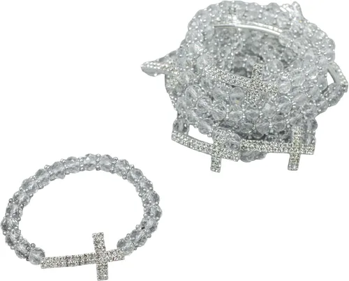 Pulsera de plata con cuentas de cruz de diamantes de imitación para bautismo, primera comunión, rosario de perlas cristianas católicas con bolsa de