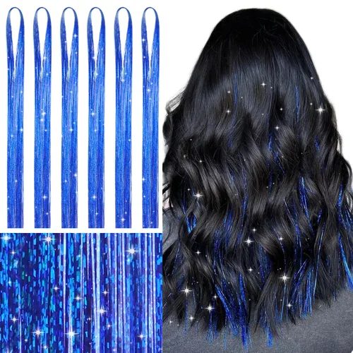 Miniatura 35 de Wennalife 12 piezas de extensiones de cabello azul con clip, extensiones de cabello con clip de colores para niños, pinzas de cabello arcoíris