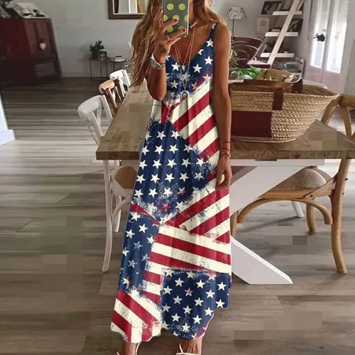 Miniatura 2 de Ceboyel Vestido largo sexy para mujer, para el 4 de julio, vestido largo y sexy, con bandera americana, sin mangas, vestidos casuales patrióticos