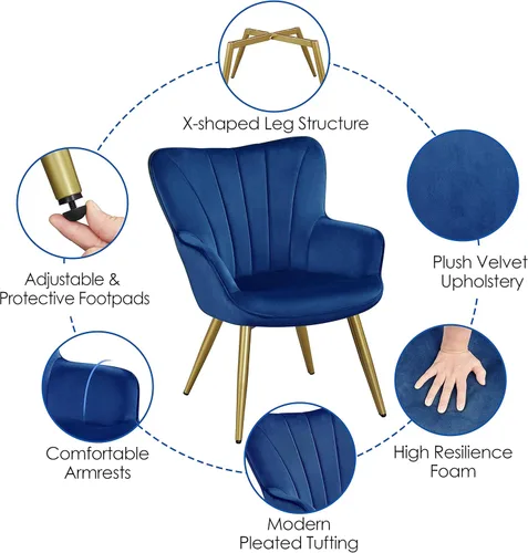 Miniatura 5 de Topeakmart Silla decorativa de terciopelo, moderna y de mediados de siglo, silla de maquillaje con acolchado suave y respaldo alto para sala de Azul