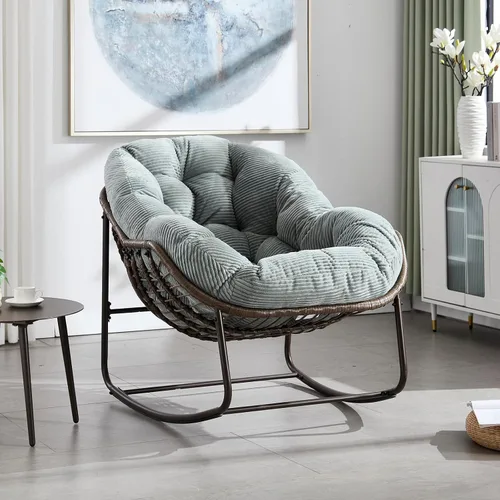 Miniatura 24 de Mecedora para patio al aire libre, cómoda silla mecedora de mimbre con cojín acolchado, silla de ratán de gran tamaño con marco de acero sólido