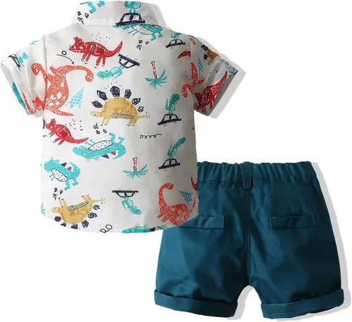 Miniatura 2 de Conjunto de ropa casual para niño estampado beige camisa abotonada manga corta pantalones blancos