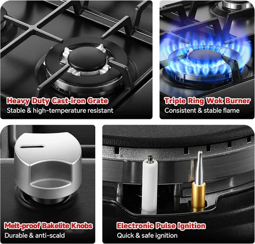 Miniatura 4 de Estufa de Gas de 24 Pulgadas Eascookchef, Placa de Cocina de Gas de 24 Pulgadas con 4 Quemadores, Placa de Cocina Empotrada NG/LPG Convertible