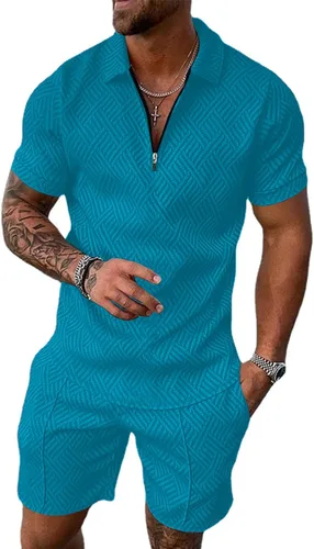 Aulemen Conjunto deportivo de 2 piezas con cremallera para hombre, manga corta, camiseta polo y pantalones cortos, conjuntos de verano para hombre