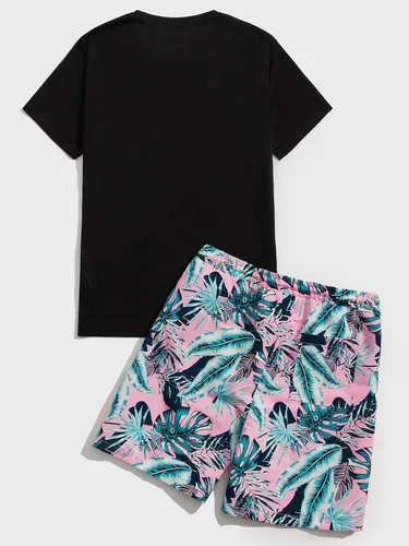 Miniatura 92 de GORGLITTER Conjunto de 2 piezas de camiseta gráfica de manga corta para hombre, estampado hawaiano con cordón y pantalones cortos