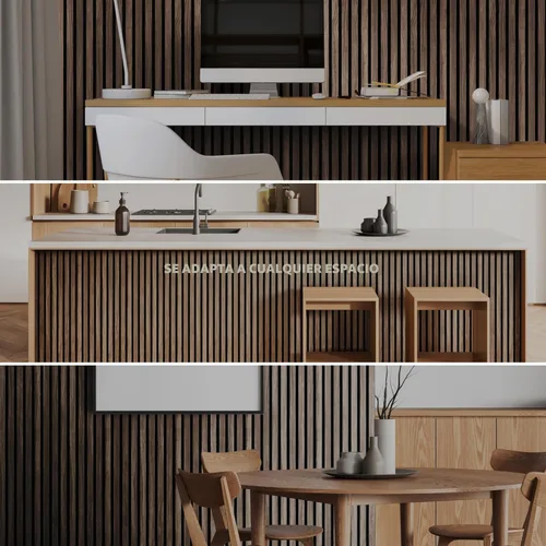 Miniatura 7 de Paquete de 2 paneles de listones de madera acústica - Paneles de pared insonorizados para decoración de interiores Nogal natural.
