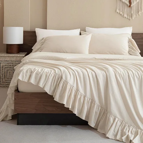 QSH Juego de sábanas de algodón 100% Queen, sábanas con volantes de trigo para granja, ropa de cama vintage chic shabby 3 piezas, juego de cama