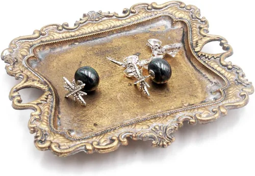 Funly mee Bandeja pequeña de baratijas antigua en oro vintage, bandeja de joyería de metal, soporte para anillos - 13.5 x 8.9 x 3 centímetros