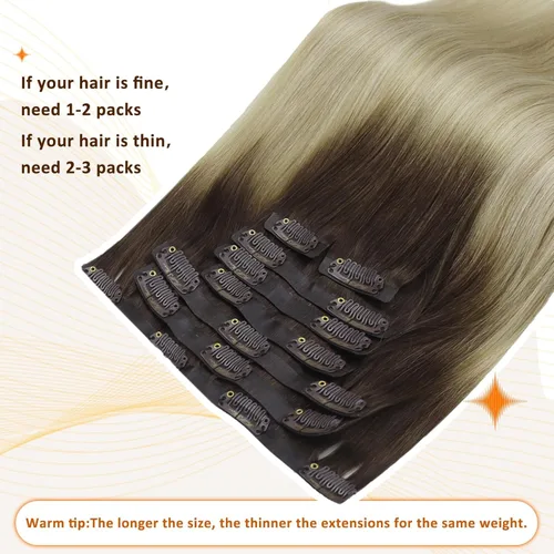 Miniatura 7 de Full Shine - Extensiones de cabello con clip ombré de 12 pulgadas, de castaño oscuro a rubio platinado, cabello humano real con trama de PU, 8 piezas