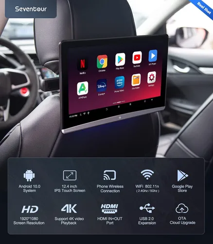 Miniatura 2 de 12.4 pulgadas 4K Android portátil coche TV monitor tableta para asiento trasero, teléfono soporte inalámbrico espejo enlace pantalla táctil