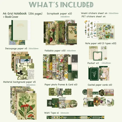 Miniatura 2 de Kit de Suministros para Scrapbooking, Kit de Scrapbook Estético Botánico Vintage para Bullet Journal Junk Journal A6 Cuaderno de Cuadrícula