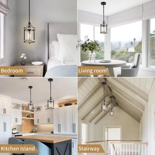 Miniatura 7 de Lámpara Colgante de Granja, Accesorios de Luz Colgante de Madera Blanca Rústica y Jaula de Metal con Vidrio, 43 Pulgadas Ajustable para Techo Plano