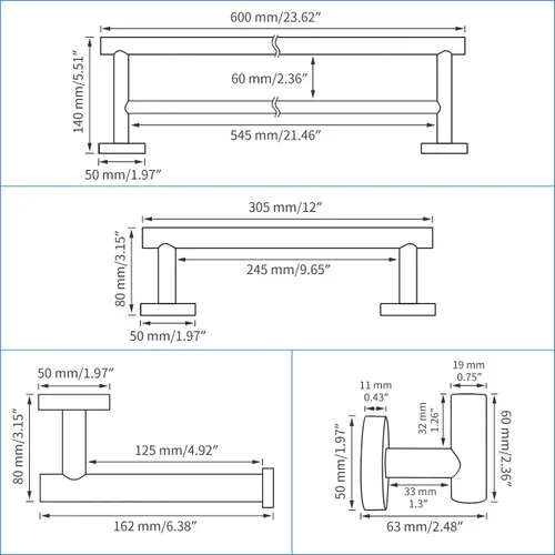 Miniatura 2 de Miyili BS01N4 - Juego de accesorios de baño de 4 piezas, acero inoxidable cepillado, soporte para pared, incluye toallero doble, toallero de mano