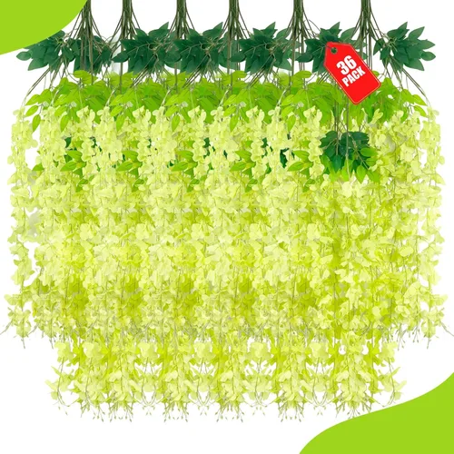 Miniatura 50 de Paquete de 12 flores colgantes de glicina rosa, flores colgantes falsas de 3.44 pies, guirnalda de glicina artificial para decoración de boda, telón