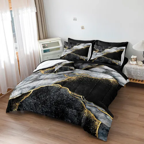 Miniatura 2 de Merryword - Juego de edredón de mármol negro, tamaño individual, 6 piezas, ropa de cama en una bolsa, diseño de mármol metálico dorado con 1